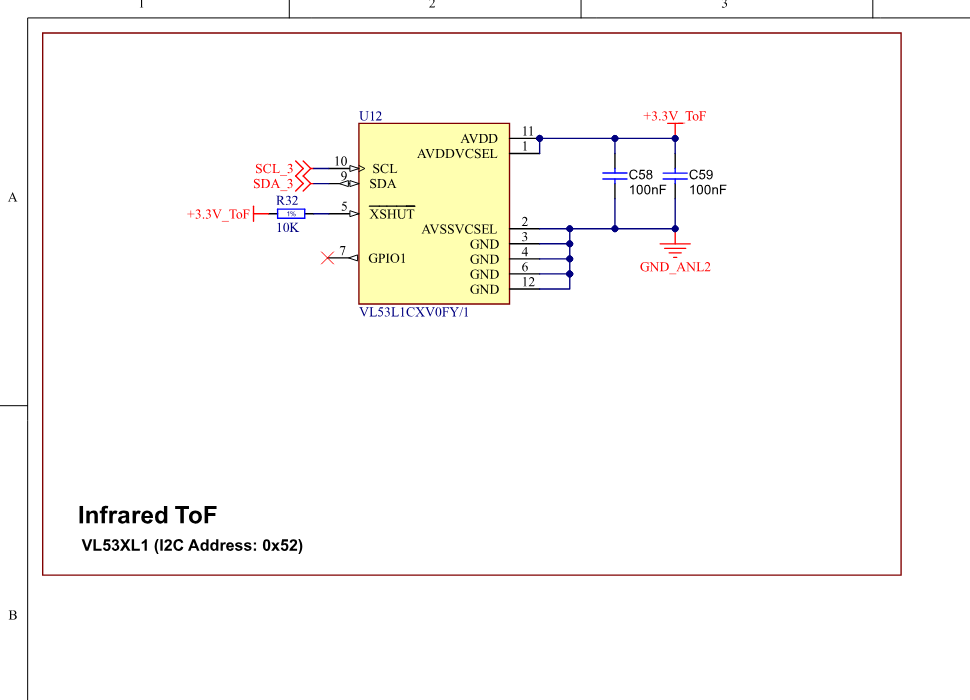 VL53L1CX ToF 센서와 I2C 연결을 나타낸 회로도